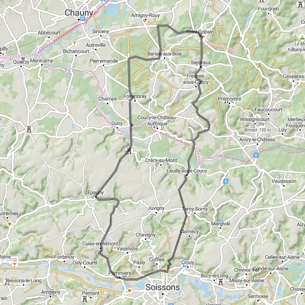 Map miniature of "Scenic Road Cycling Tour: Quincy-Basse and Château de Saint-Gobain" cycling inspiration in Picardie, France. Generated by Tarmacs.app cycling route planner