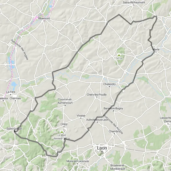 Miniature de la carte de l'inspiration cycliste "Tour de la Vallée de l'Oise" dans la Picardie, France. Générée par le planificateur d'itinéraire cycliste Tarmacs.app