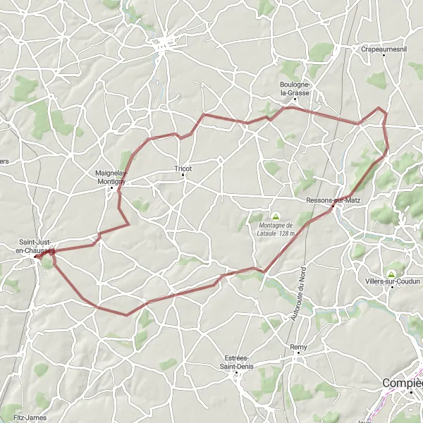 Miniature de la carte de l'inspiration cycliste "Les chemins de l'Oise verdoyante" dans la Picardie, France. Générée par le planificateur d'itinéraire cycliste Tarmacs.app