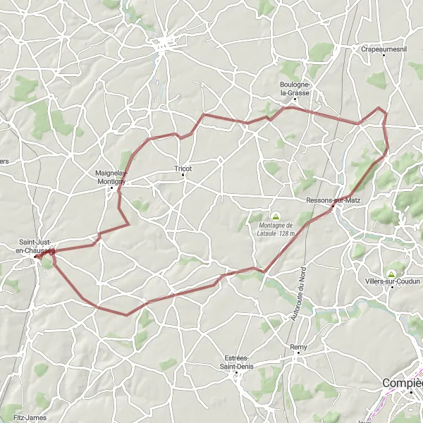 Map miniature of "Scenic Gravel Journey" cycling inspiration in Picardie, France. Generated by Tarmacs.app cycling route planner