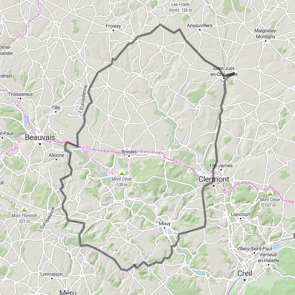 Map miniature of "Road Cycling Extravaganza" cycling inspiration in Picardie, France. Generated by Tarmacs.app cycling route planner