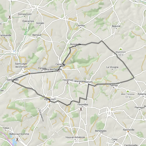 Map miniature of "The Scenic Route" cycling inspiration in Picardie, France. Generated by Tarmacs.app cycling route planner