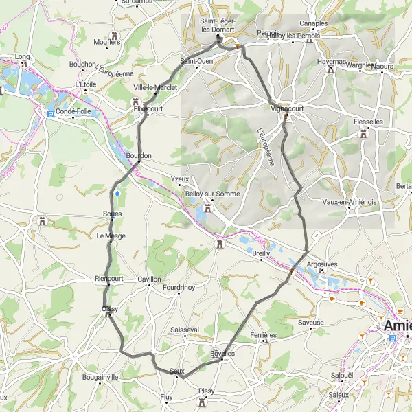 Map miniature of "Road Cycling through Scenic Villages" cycling inspiration in Picardie, France. Generated by Tarmacs.app cycling route planner