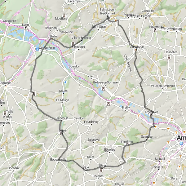 Map miniature of "The Countryside Escape" cycling inspiration in Picardie, France. Generated by Tarmacs.app cycling route planner