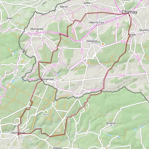Miniature de la carte de l'inspiration cycliste "Boucle de Chimay" dans la Picardie, France. Générée par le planificateur d'itinéraire cycliste Tarmacs.app