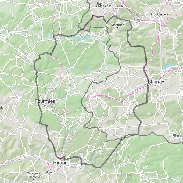 Miniature de la carte de l'inspiration cycliste "Les Collines de l'Avesnois" dans la Picardie, France. Générée par le planificateur d'itinéraire cycliste Tarmacs.app