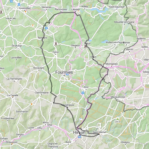Miniature de la carte de l'inspiration cycliste "Escapade en Thiérache" dans la Picardie, France. Générée par le planificateur d'itinéraire cycliste Tarmacs.app