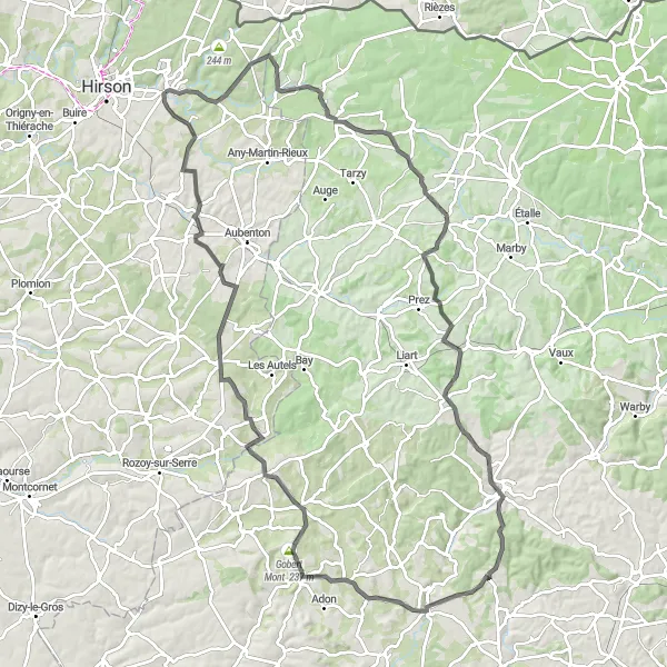 Miniature de la carte de l'inspiration cycliste "Boucle des Forêts Ardennaises" dans la Picardie, France. Générée par le planificateur d'itinéraire cycliste Tarmacs.app