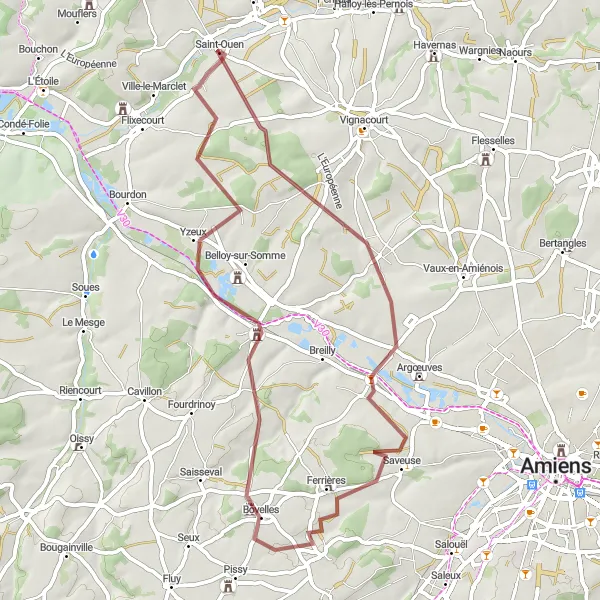 Miniature de la carte de l'inspiration cycliste "Boucle gravel pittoresque depuis Saint-Ouen" dans la Picardie, France. Générée par le planificateur d'itinéraire cycliste Tarmacs.app