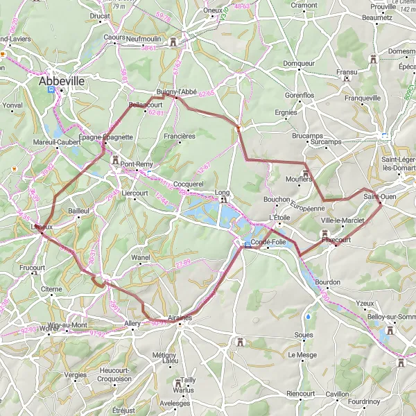 Miniature de la carte de l'inspiration cycliste "Escapade à Bettencourt-Saint-Ouen" dans la Picardie, France. Générée par le planificateur d'itinéraire cycliste Tarmacs.app