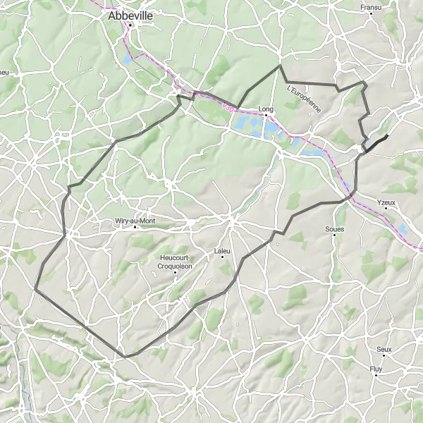 Map miniature of "The Somme Valley Expedition" cycling inspiration in Picardie, France. Generated by Tarmacs.app cycling route planner