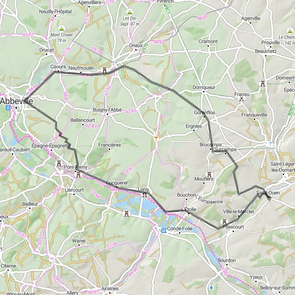 Miniature de la carte de l'inspiration cycliste "Boucle de Flixecourt à Le Marclet" dans la Picardie, France. Générée par le planificateur d'itinéraire cycliste Tarmacs.app