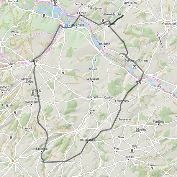 Map miniature of "Picquigny and Beyond" cycling inspiration in Picardie, France. Generated by Tarmacs.app cycling route planner