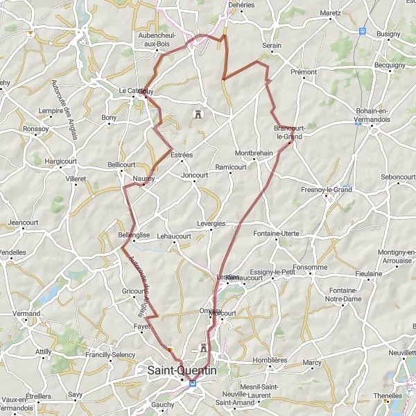 Miniature de la carte de l'inspiration cycliste "Escapade en Gravel depuis Saint-Quentin" dans la Picardie, France. Générée par le planificateur d'itinéraire cycliste Tarmacs.app