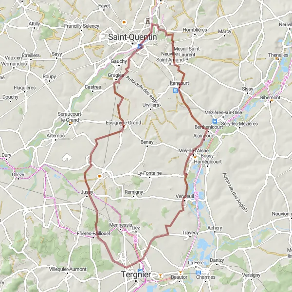 Miniature de la carte de l'inspiration cycliste "Découverte des Chemins de Gravier autour de Saint-Quentin" dans la Picardie, France. Générée par le planificateur d'itinéraire cycliste Tarmacs.app