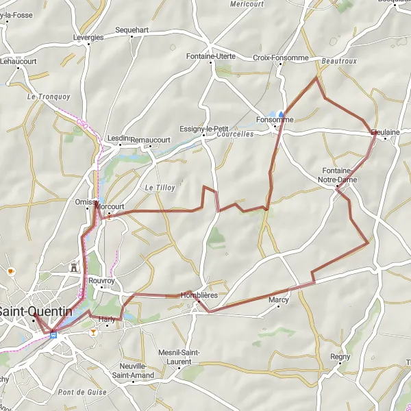 Miniature de la carte de l'inspiration cycliste "Challenge Gravel au départ de Saint-Quentin" dans la Picardie, France. Générée par le planificateur d'itinéraire cycliste Tarmacs.app