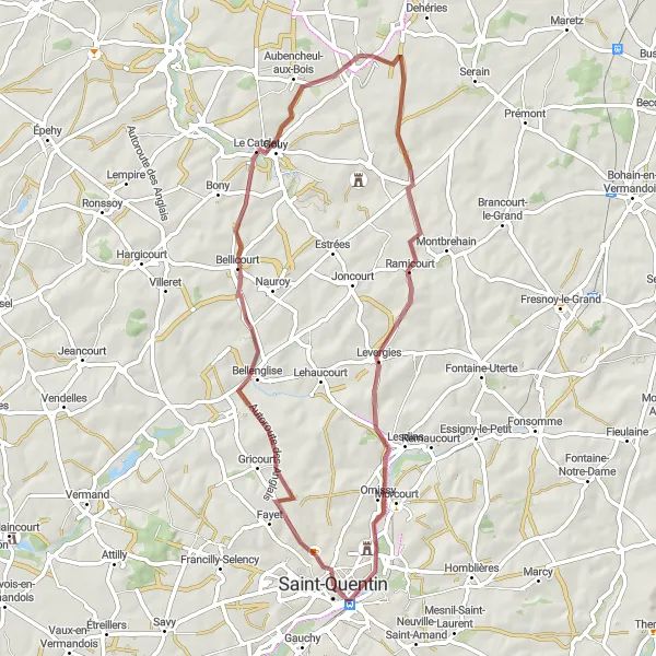 Miniature de la carte de l'inspiration cycliste "Circuit Gravel autour de Saint-Quentin" dans la Picardie, France. Générée par le planificateur d'itinéraire cycliste Tarmacs.app