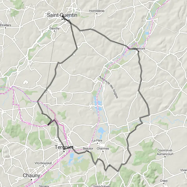 Miniature de la carte de l'inspiration cycliste "Tour en Vélo Road aux alentours de Saint-Quentin" dans la Picardie, France. Générée par le planificateur d'itinéraire cycliste Tarmacs.app