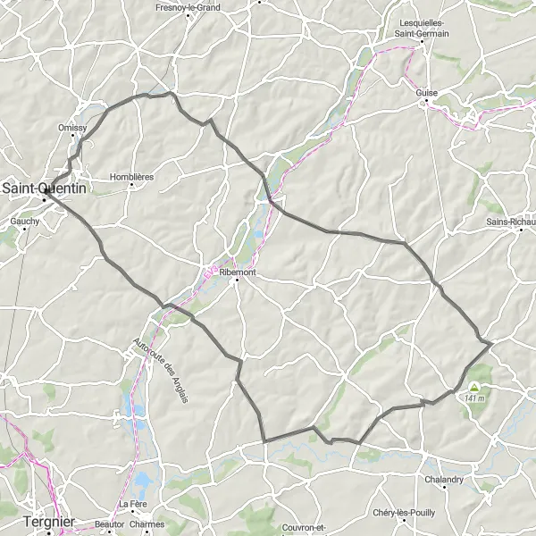 Map miniature of "Circuit des Vallées" cycling inspiration in Picardie, France. Generated by Tarmacs.app cycling route planner