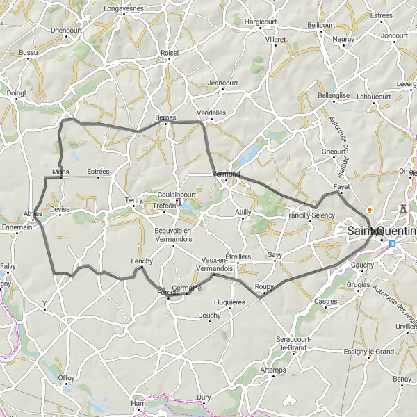 Miniature de la carte de l'inspiration cycliste "Parcours Cycliste dans la Campagne Picarde" dans la Picardie, France. Générée par le planificateur d'itinéraire cycliste Tarmacs.app