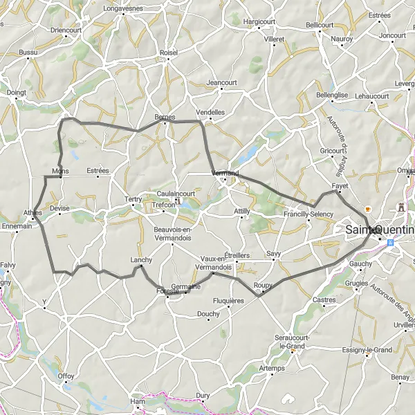 Map miniature of "The Croix-Moligneaux Adventure" cycling inspiration in Picardie, France. Generated by Tarmacs.app cycling route planner