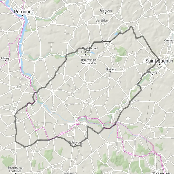 Miniature de la carte de l'inspiration cycliste "Parcours Route pittoresque près de Saint-Quentin" dans la Picardie, France. Générée par le planificateur d'itinéraire cycliste Tarmacs.app