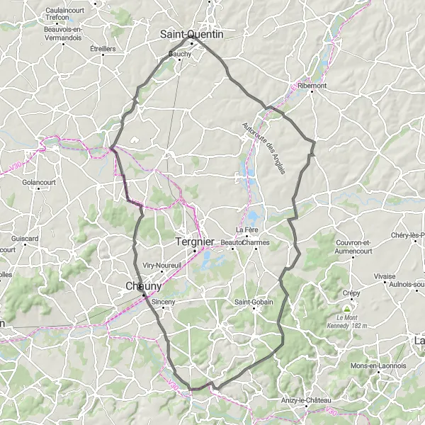 Miniature de la carte de l'inspiration cycliste "Boucle autour de Saint-Quentin" dans la Picardie, France. Générée par le planificateur d'itinéraire cycliste Tarmacs.app