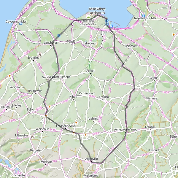 Miniature de la carte de l'inspiration cycliste "La Boucle du Mont de la Chapelle" dans la Picardie, France. Générée par le planificateur d'itinéraire cycliste Tarmacs.app