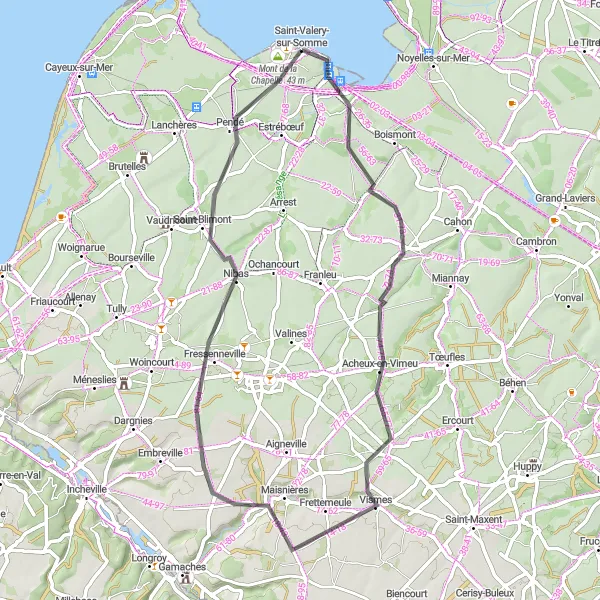 Map miniature of "Villages and Valleys" cycling inspiration in Picardie, France. Generated by Tarmacs.app cycling route planner