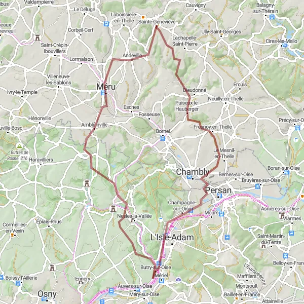 Map miniature of "Fresnoy-en-Thelle and Champagne-sur-Oise Loop" cycling inspiration in Picardie, France. Generated by Tarmacs.app cycling route planner