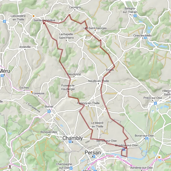 Miniature de la carte de l'inspiration cycliste "Tour des Villages de l'Oise en Gravel" dans la Picardie, France. Générée par le planificateur d'itinéraire cycliste Tarmacs.app