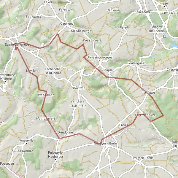 Map miniature of "Off-road Adventure near Sainte-Geneviève" cycling inspiration in Picardie, France. Generated by Tarmacs.app cycling route planner