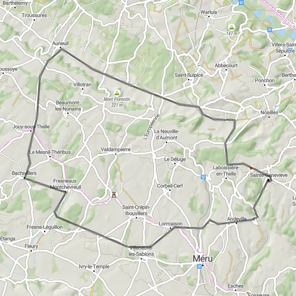 Map miniature of "Countryside Road Cycling Expedition" cycling inspiration in Picardie, France. Generated by Tarmacs.app cycling route planner