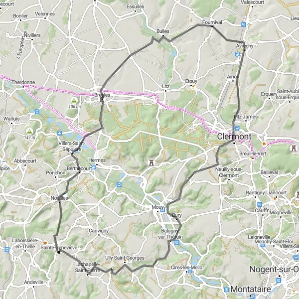 Map miniature of "Picardie Road Bike Route" cycling inspiration in Picardie, France. Generated by Tarmacs.app cycling route planner