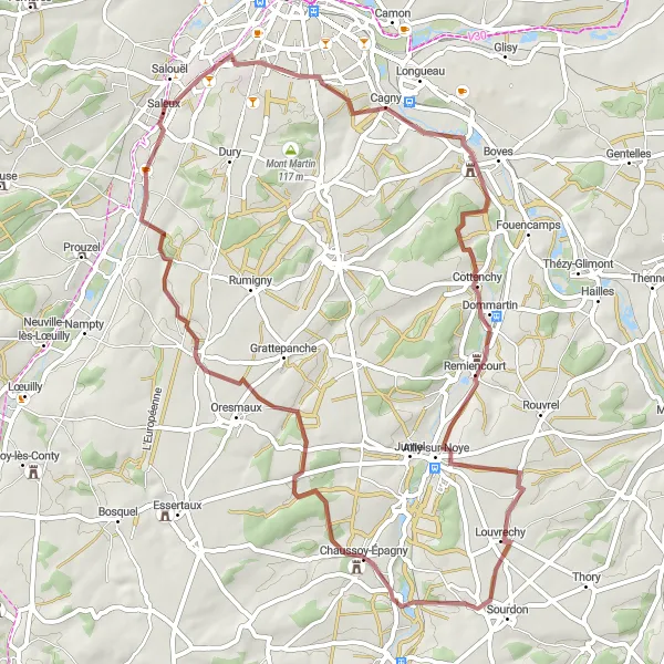 Map miniature of "The Gravel Route through Salouël, Cottenchy, Chirmont, Oresmaux, and Saleux" cycling inspiration in Picardie, France. Generated by Tarmacs.app cycling route planner