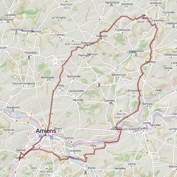 Map miniature of "Discover the Scenic Gravel Routes from Amiens to Saleux via Rubempré and Warloy-Baillon" cycling inspiration in Picardie, France. Generated by Tarmacs.app cycling route planner