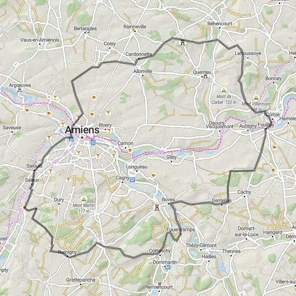 Map miniature of "Charming Villages and Historic Sites" cycling inspiration in Picardie, France. Generated by Tarmacs.app cycling route planner