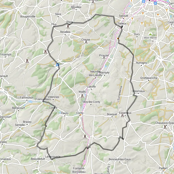 Map miniature of "The Road Cycling Adventure through Essertaux, Croissy-sur-Celle, Thoix, Pissy, and Saleux" cycling inspiration in Picardie, France. Generated by Tarmacs.app cycling route planner