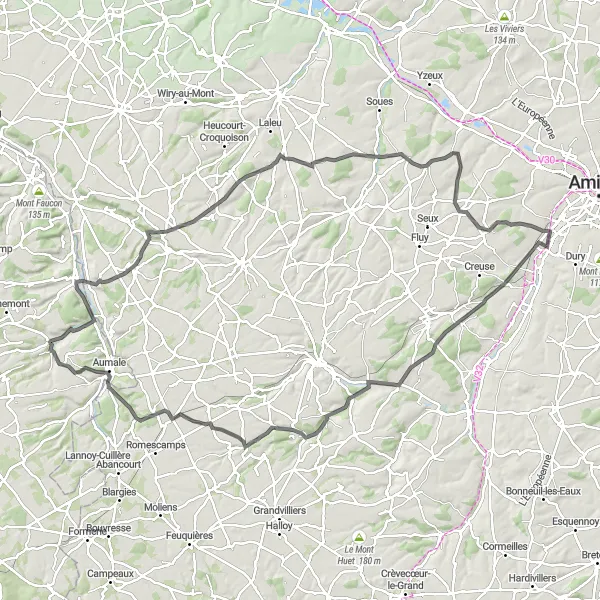 Map miniature of "Challenging Hills and Historic Villages" cycling inspiration in Picardie, France. Generated by Tarmacs.app cycling route planner