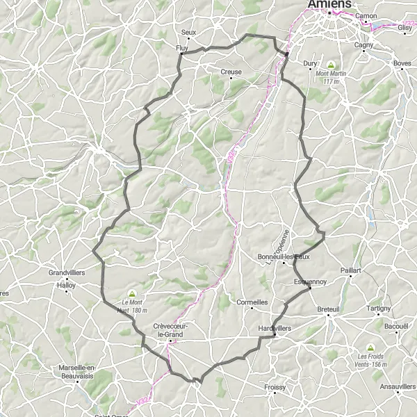 Map miniature of "Saleux to Saint-Sauflieu and Francastel Loop" cycling inspiration in Picardie, France. Generated by Tarmacs.app cycling route planner