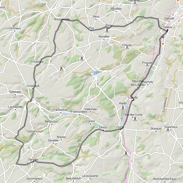 Map miniature of "Road Cycling Expedition through Bacouel-sur-Selle, Courcelles-sous-Thoix, Poix-de-Picardie, Pissy, and Saleux" cycling inspiration in Picardie, France. Generated by Tarmacs.app cycling route planner