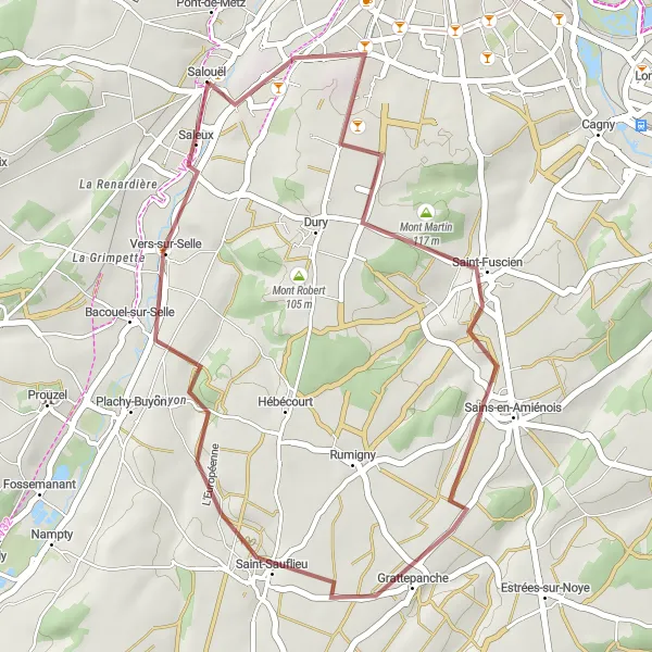 Map miniature of "Gravel route to Mont Martin" cycling inspiration in Picardie, France. Generated by Tarmacs.app cycling route planner