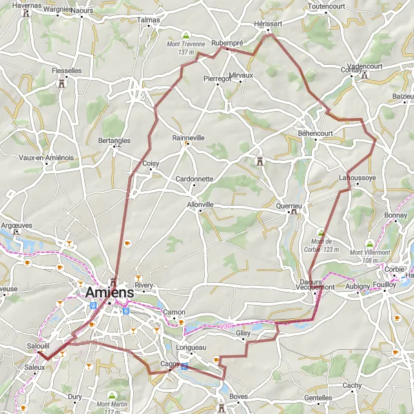 Map miniature of "Salouël - Amiens - Poulainville - Rubempré - Lahoussoye - Mont de Corbie - Longueau - Salouël Loop" cycling inspiration in Picardie, France. Generated by Tarmacs.app cycling route planner