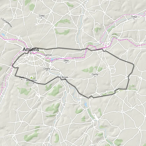 Miniature de la carte de l'inspiration cycliste "Circuit des Vallées de la Somme" dans la Picardie, France. Générée par le planificateur d'itinéraire cycliste Tarmacs.app