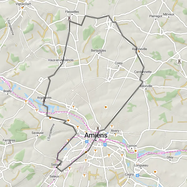 Map miniature of "Amiens Ride" cycling inspiration in Picardie, France. Generated by Tarmacs.app cycling route planner