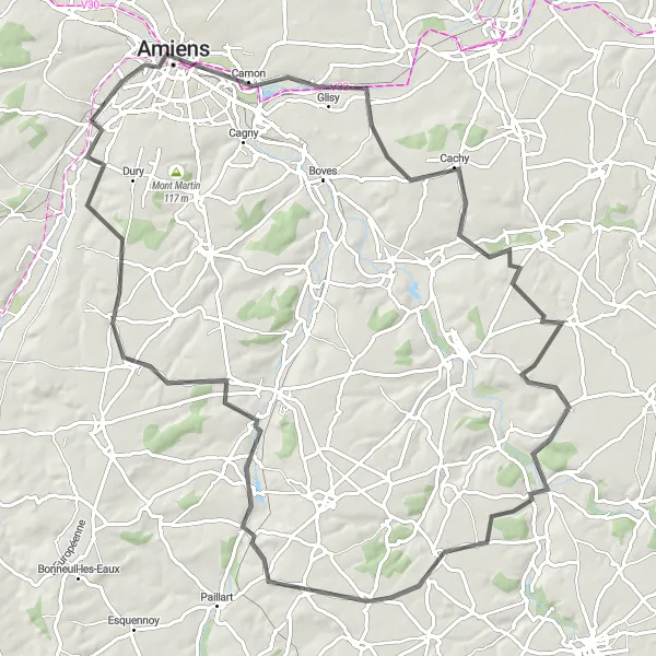 Map miniature of "Glisy Escape" cycling inspiration in Picardie, France. Generated by Tarmacs.app cycling route planner