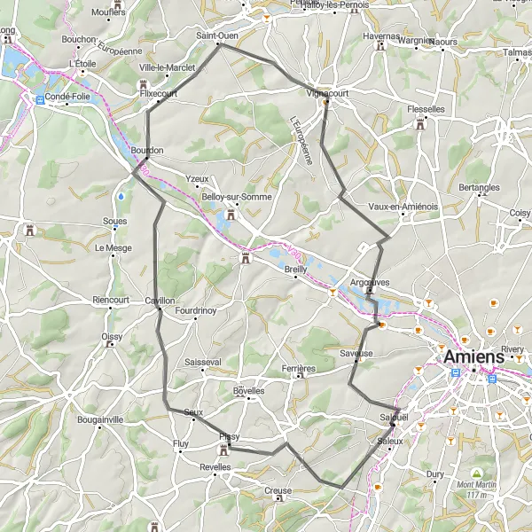 Map miniature of "Salouël - Mont Bar - Clairy-Saulchoix - Briquemesnil-Floxicourt - Flixecourt - Les Viviers - Vignacourt - Dreuil-lès-Amiens - Pont-de-Metz - Salouël Loop" cycling inspiration in Picardie, France. Generated by Tarmacs.app cycling route planner