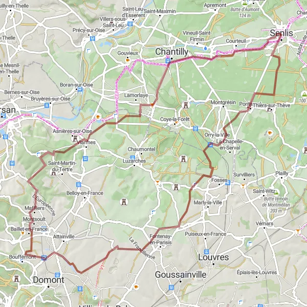 Miniature de la carte de l'inspiration cycliste "Escapade en Vallée de l'Ysieux" dans la Picardie, France. Générée par le planificateur d'itinéraire cycliste Tarmacs.app