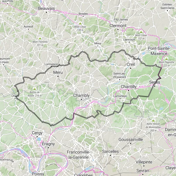 Miniature de la carte de l'inspiration cycliste "Expédition au Cœur de l'Oise" dans la Picardie, France. Générée par le planificateur d'itinéraire cycliste Tarmacs.app