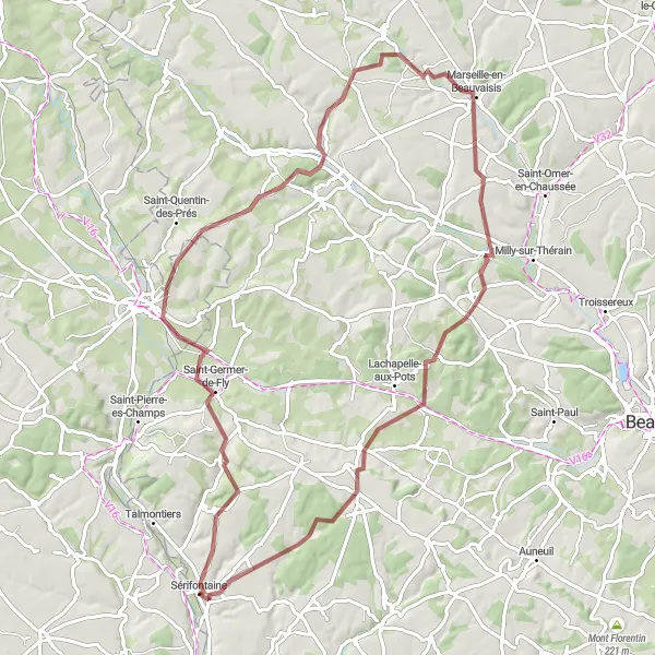 Miniature de la carte de l'inspiration cycliste "Parcours gravel autour de Sérifontaine" dans la Picardie, France. Générée par le planificateur d'itinéraire cycliste Tarmacs.app